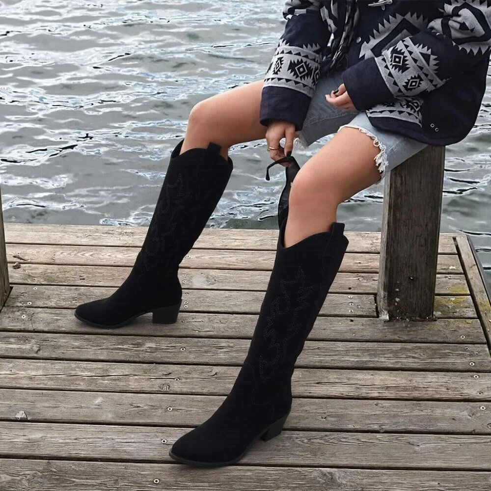 Women Black Suede Polyurethane Embroidered Chunky Heel Knee High Western Boot